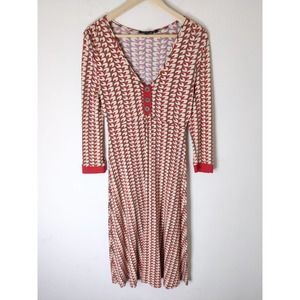 Boden Red & Cream Print Long Sleeve V-Neck Fit & Flare Midi Dress Size 8R
